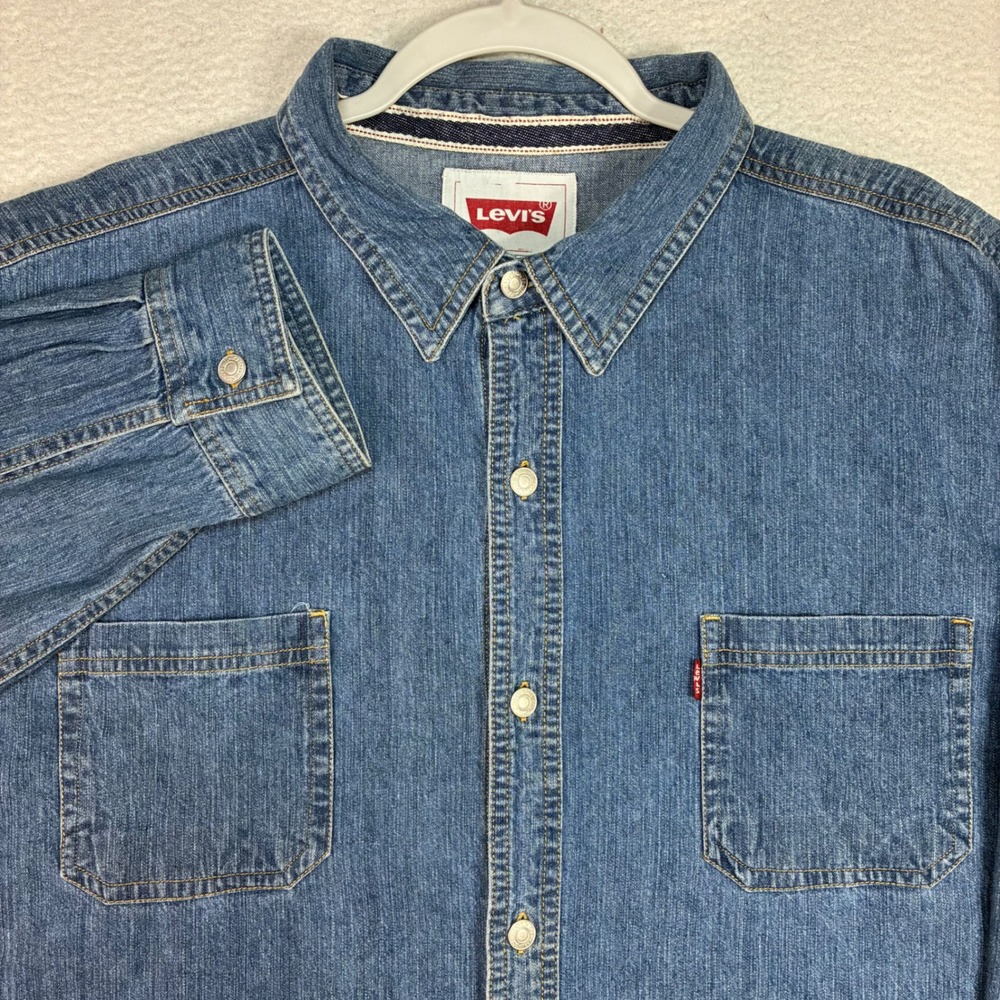 Levis Denim Shirt Men 2XL Blue Selvedge Metal Button Long Sleeve Workwear Pocket